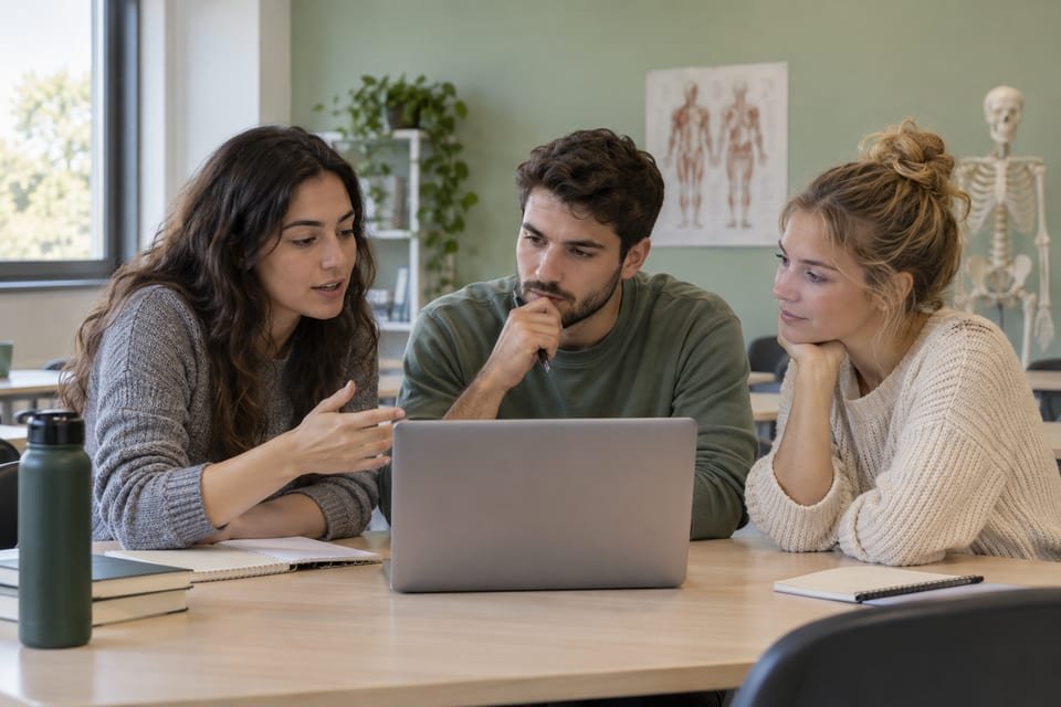 Escena generada con IA de tres estudiantes comentando un caso alrededor de un portátil